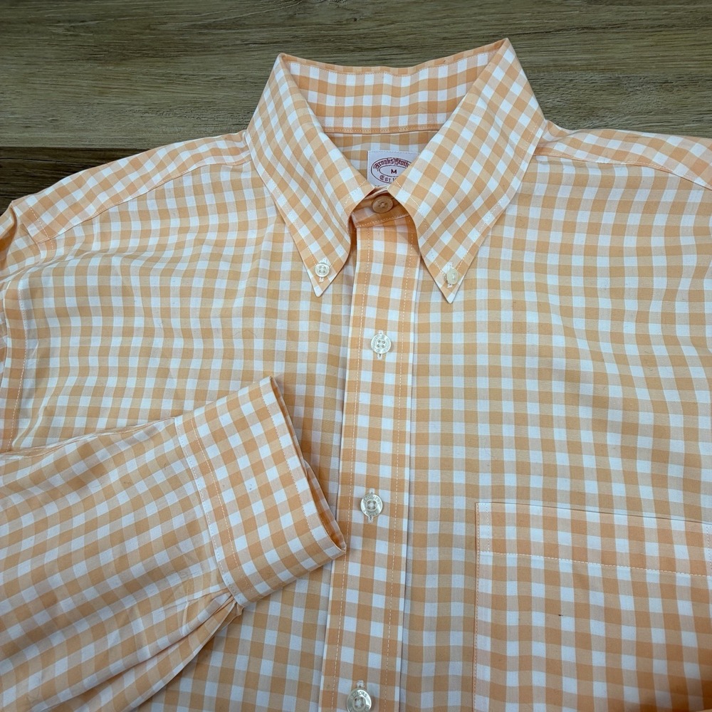 Brooks Brothers Non-Iron Orange White Check Dress Shirt Mens Size Medium